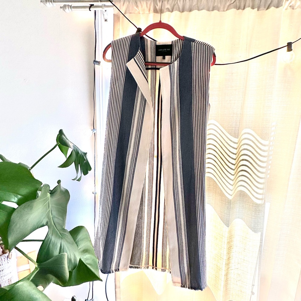 Lafayette 148 Blue and White Stripe Tie Waist Longline Cardigan Vest M